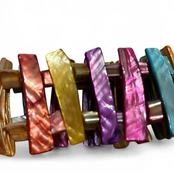 Vintage Shell Bracelet Rainbow Glazed Seashell Accordion Chunky Stretch Cuff - Picture 3 of 4
